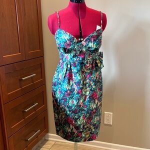 NWT 🦚 J. Crew Multicolor Abstract Floral Bow-Waist Midi Silk Dress Sz 4